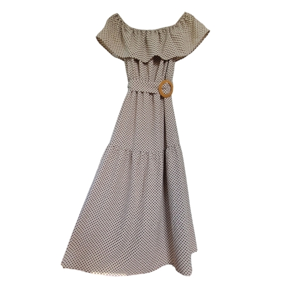 EPISODE Woman's Small Off the Shoulder Boho Tiered Flowy Midi Dress Beige - Picture 5 of 13